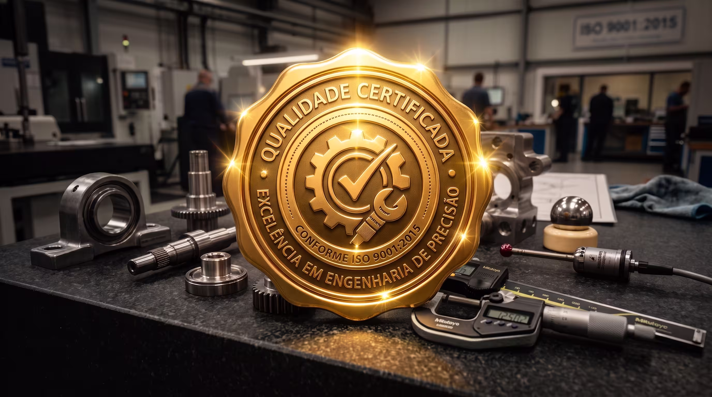 Selo dourado com os dizeres Qualidade Certificada, conforme ISO 9001:2015, sobre bancada de oficina da UsinaSul com peças usinadas de precisão (mancal, eixo e engrenagem) e instrumento de medição Mitutoyo ao fundo, simbolizando o compromisso da empresa com excelência em engenharia