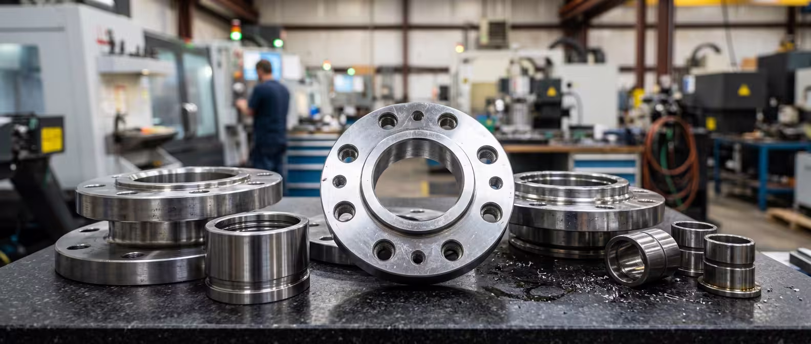 Flanges e buchas industriais usinadas pela UsinaSul para montagem, vedação e suporte mecânico